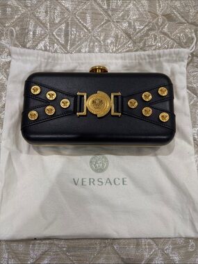 Versace Black Leather Clutch with Gold Medusa Accents